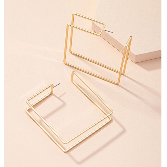 Gold Tone Squared Hoop Earrings Large Square Geometric Shape Metal Iron Yellow - Picture 2 of 5